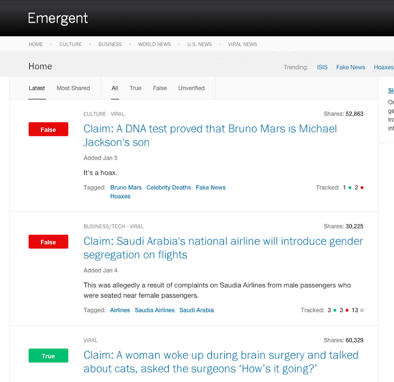 The front page of Emergent, a rumour-debunking startup