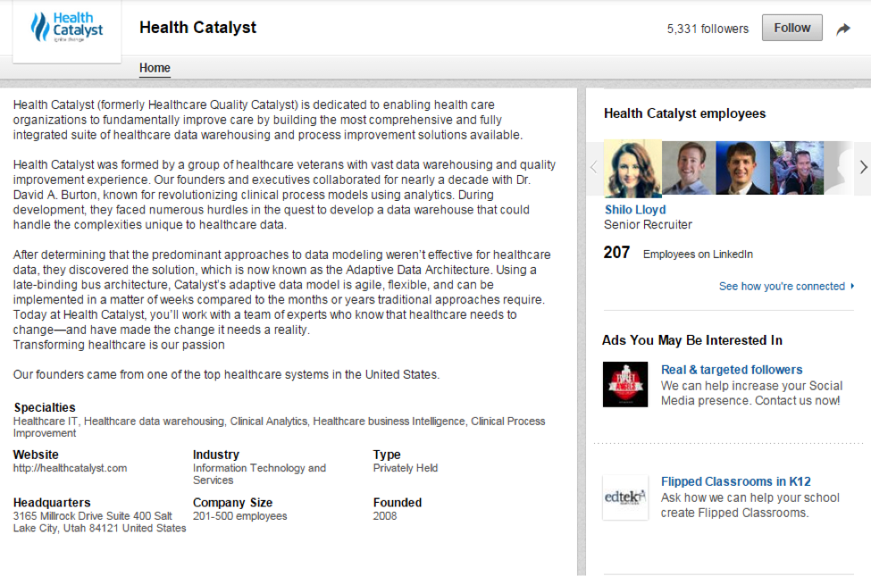 LinkedIn Page for Health Catalyst