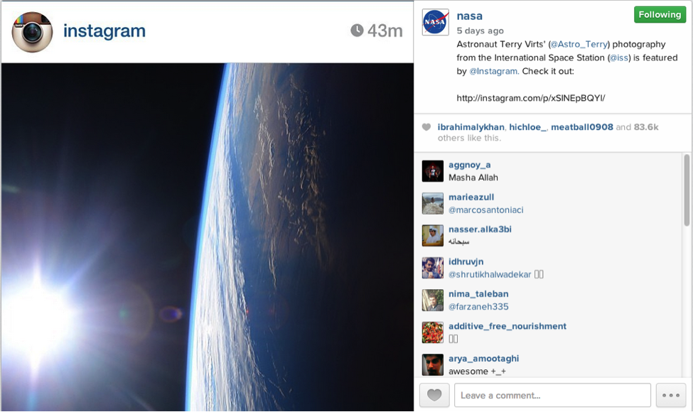 A sample NASA Instagram post