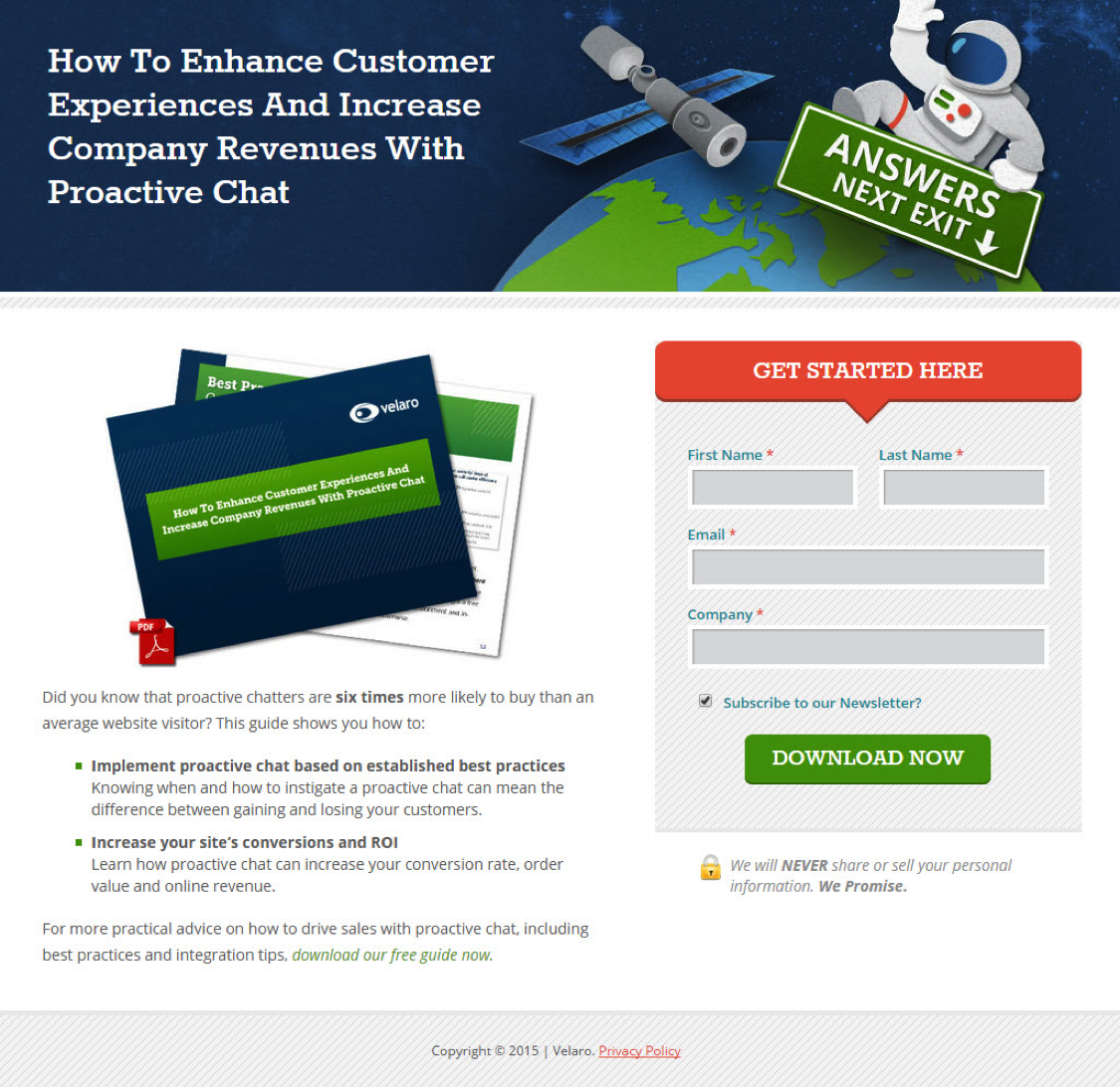 Landing page form for Velaro