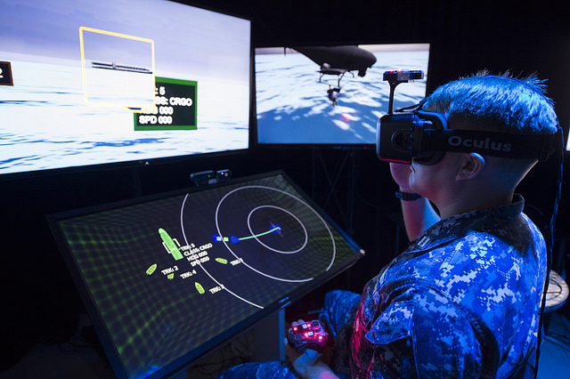 Lt. Jeff Kee explores the Office of Naval Research (ONR)-sponsored Battlespace Exploitation of Mixed Reality (BEMR) lab located at Space and Naval Warfare Systems Center Pacific